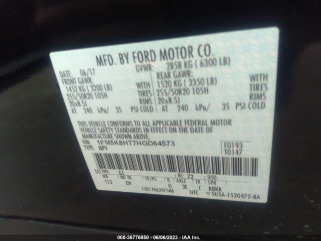 2017 FORD EXPLORER PLATINUM VIN: 1FM5K8HT7HGD64573
