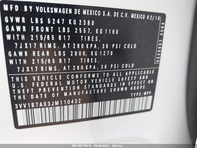 3VV1B7AX3JM110432 Volkswagen TIGUAN S