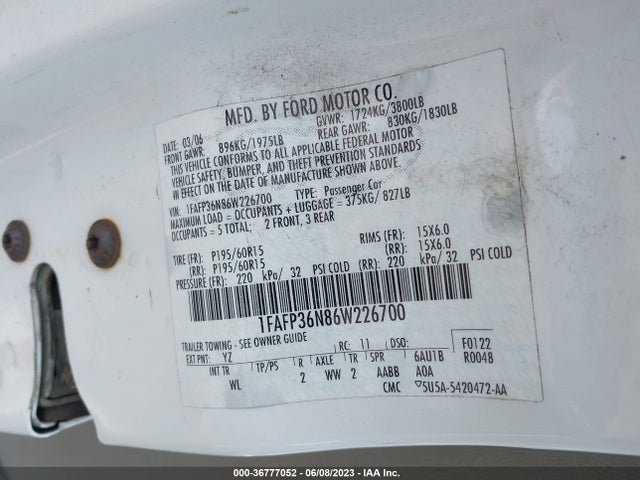 2006 FORD FOCUS SE/SES VIN: 1FAFP36N86W226700