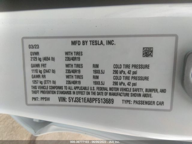 5YJ3E1EA8PF513689 Tesla MODEL 3