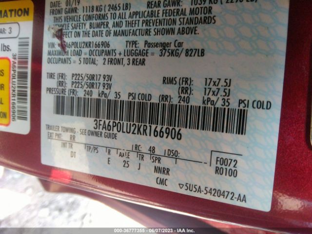 3FA6P0LU2KR166906 Ford Fusion Hybrid Se