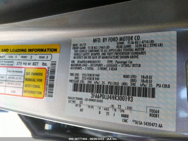 3FA6P0LU4HR300193 Ford Fusion Hybrid Se