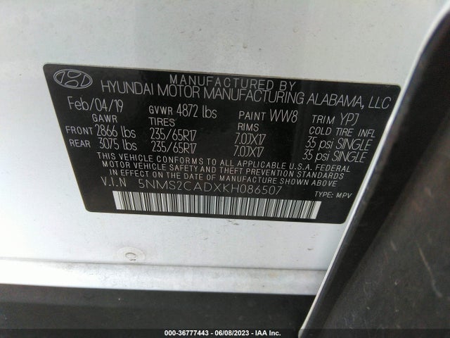 2019 HYUNDAI SANTA FE SE VIN: 5NMS2CADXKH086507