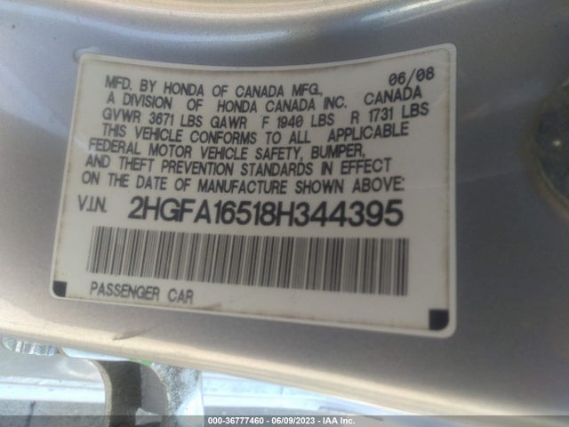 2008 HONDA CIVIC SDN LX VIN: 2HGFA16518H344395
