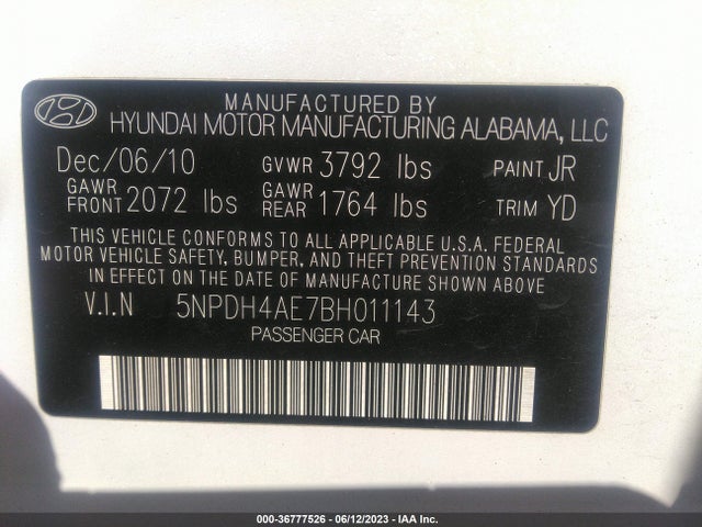 2011 HYUNDAI ELANTRA LTD PZEV VIN: 5NPDH4AE7BH011143