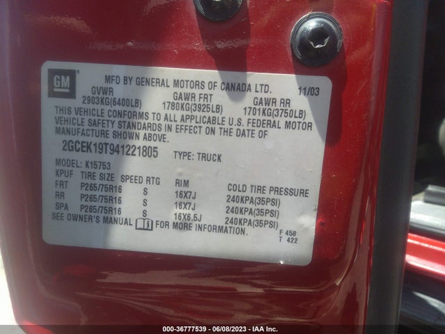 2004 CHEVROLET SILVERADO 1500 Z71 VIN: 2GCEK19T941221805