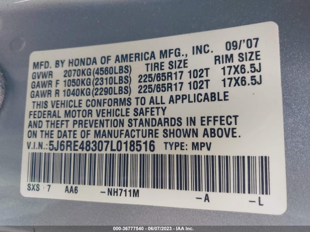 2007 HONDA CR-V LX VIN: 5J6RE48307L018516