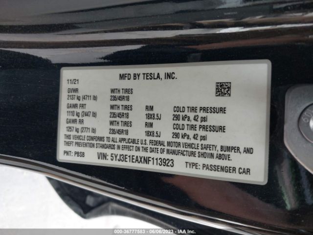 5YJ3E1EAXNF113923 Tesla MODEL 3