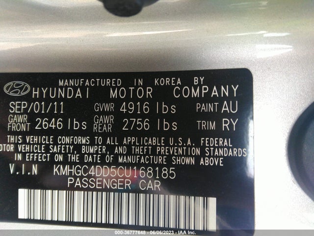 2012 HYUNDAI GENESIS 3.8L VIN: KMHGC4DD5CU168185