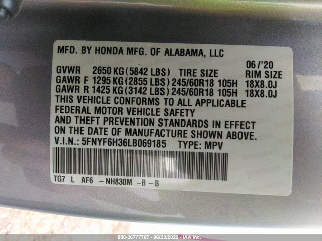Honda Pilot Ex 2020 5FNYF6H36LB069185 Image 9