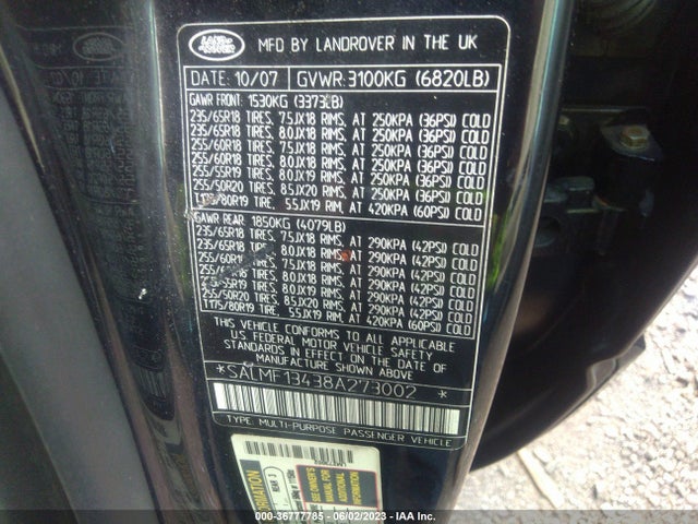 2008 LAND ROVER RANGE ROVER SC VIN: SALMF13438A273002