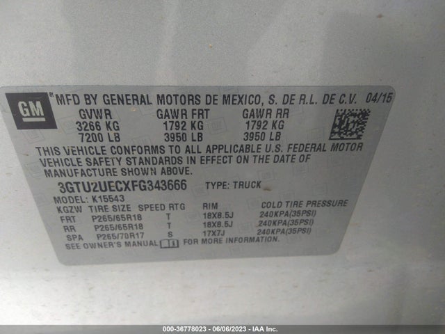 2015 GMC SIERRA 1500 SLE VIN: 3GTU2UECXFG343666