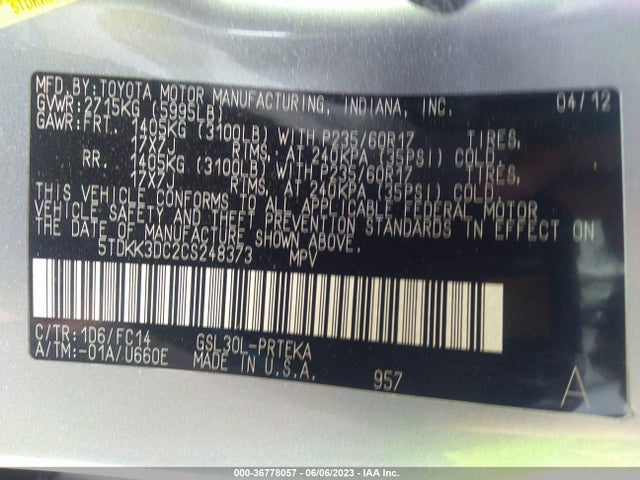 2012 TOYOTA SIENNA LE VIN: 5TDKK3DC2CS248373