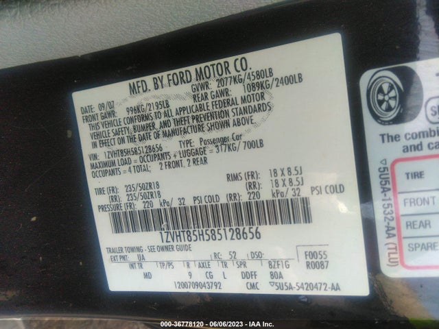 2008 FORD MUSTANG GT VIN: 1ZVHT85H585128656