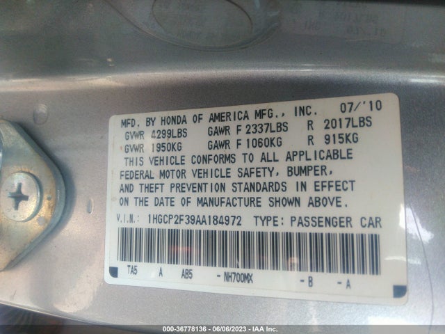 2010 HONDA ACCORD SDN LX VIN: 1HGCP2F39AA184972