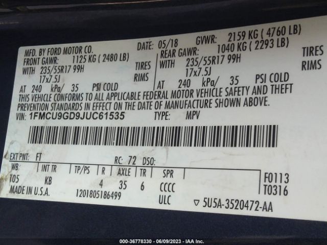1FMCU9GD9JUC61535 Ford ESCAPE SE