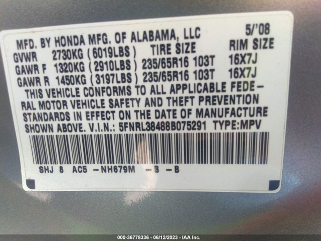 2008 HONDA ODYSSEY EX VIN: 5FNRL38488B075291