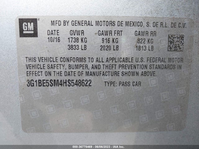 Chevrolet CRUZE LT 2017 3G1BE5SM4HS548622 Image 10