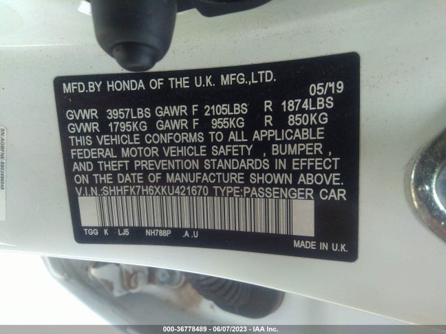 Honda Civic Hatchback Ex 2019 SHHFK7H6XKU421670 Image 9