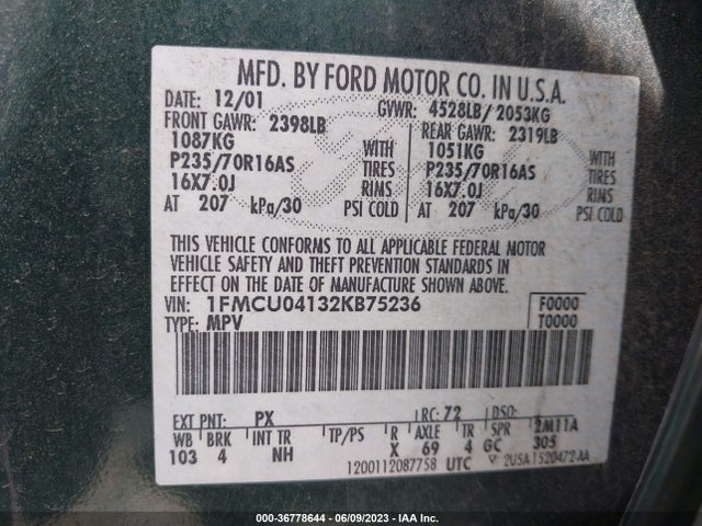 2002 FORD ESCAPE XLT VIN: 1FMCU04132KB75236