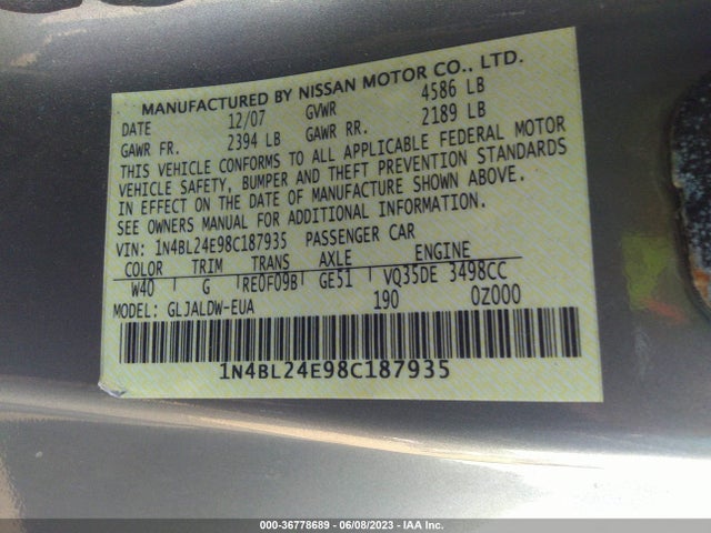 2008 NISSAN ALTIMA 3.5 SE VIN: 1N4BL24E98C187935