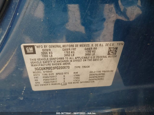 2015 CHEVROLET SILVERADO 1500 LT VIN: 3GCUKREC3FG200670