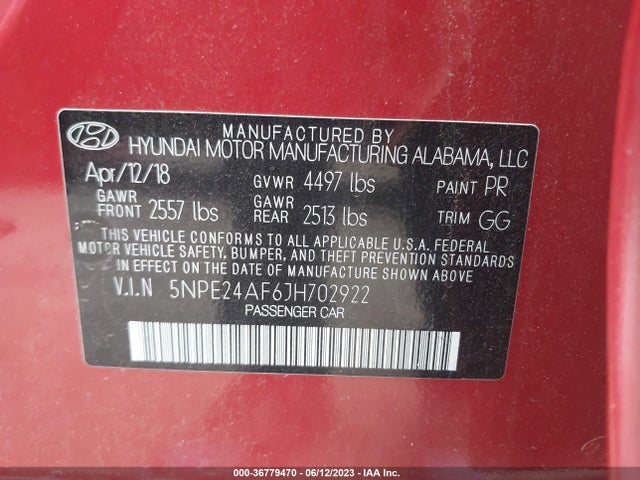 2018 HYUNDAI SONATA SE VIN: 5NPE24AF6JH702922