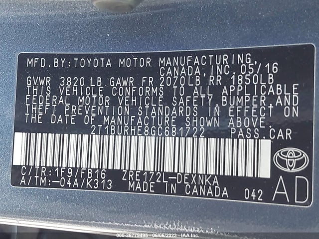 Toyota Corolla L/le/s/s Plus/le Plus 2016 2T1BURHE8GC681722 Image 9