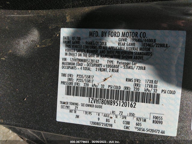 2009 FORD MUSTANG VIN: 1ZVHT80N895120162
