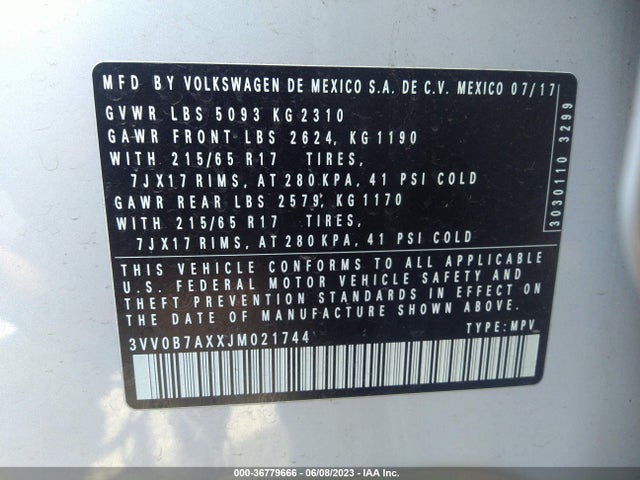 Volkswagen TIGUAN S 2018 3VV0B7AXXJM021744 Image 10
