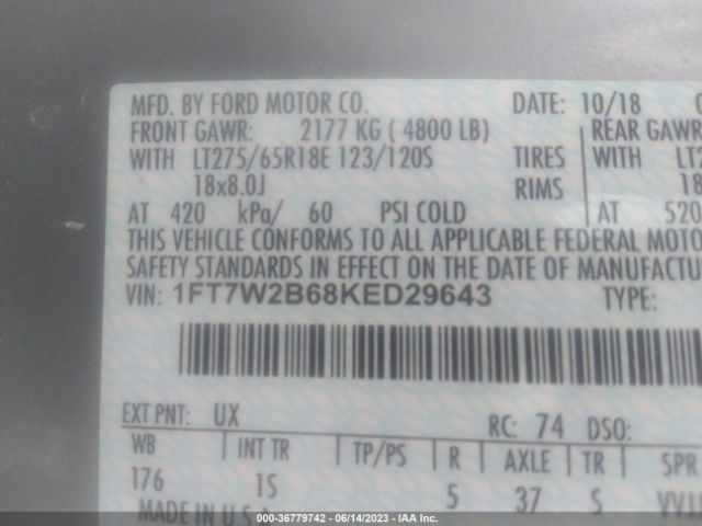 1FT7W2B68KED29643 Ford Super Duty F-250 Srw Xl/xlt/lariat