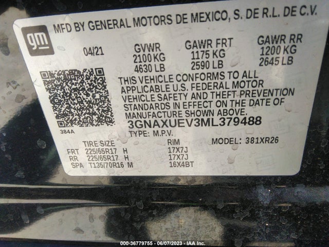 2021 CHEVROLET EQUINOX LT VIN: 3GNAXUEV3ML379488