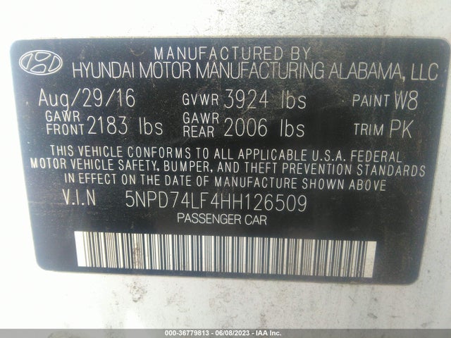 2017 HYUNDAI ELANTRA SE VIN: 5NPD74LF4HH126509