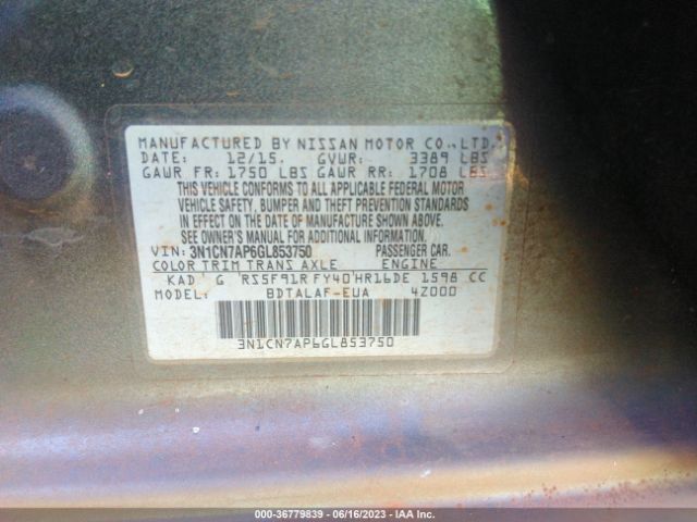 3N1CN7AP6GL853750 Nissan VERSA S