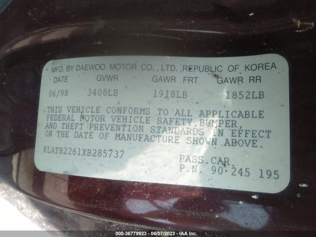 1999 DAEWOO LANOS SE VIN: KLATB2261XB285737