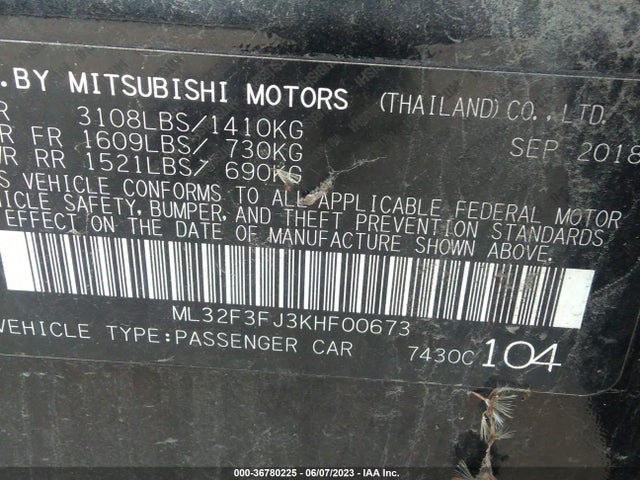 2019 MITSUBISHI MIRAGE G4 ES/RF VIN: ML32F3FJ3KHF00673