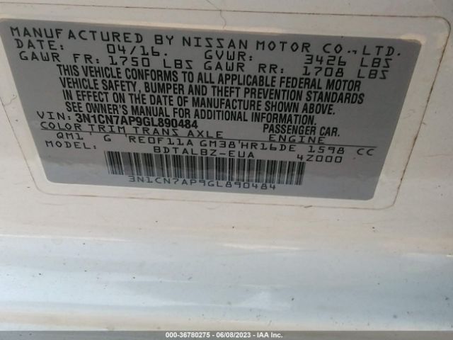 3N1CN7AP9GL890484 Nissan VERSA SV