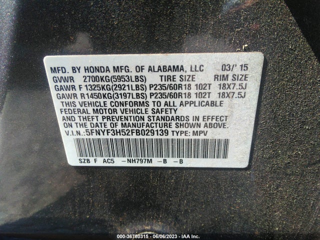 Honda Pilot Ex-l 2015 5FNYF3H52FB029139 Image 9