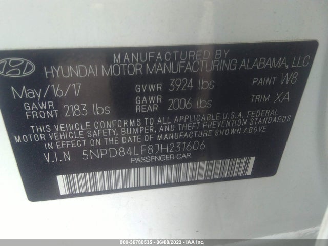2018 HYUNDAI ELANTRA SEL VIN: 5NPD84LF8JH231606