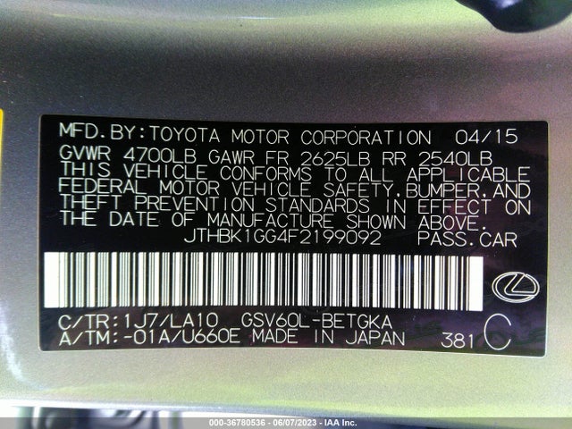 2015 Lexus ES, VIN: JTHBK1GG4F2199092