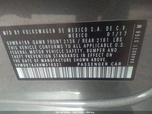 3VWDB7AJXHM310321 Volkswagen Jetta 1.4t Se