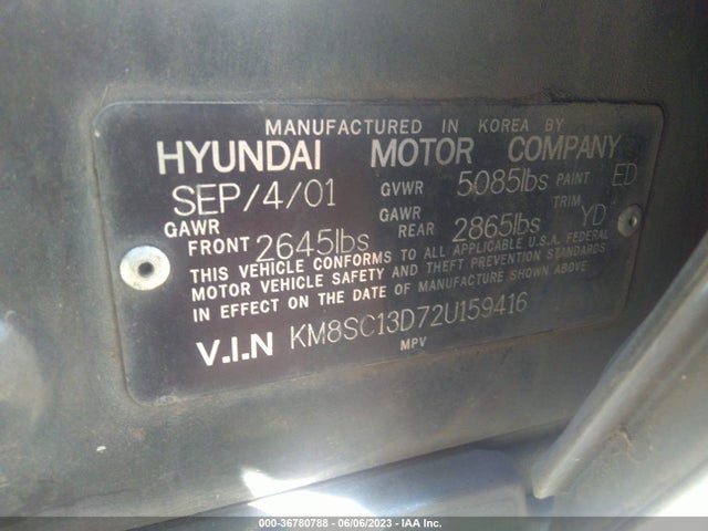 2002 HYUNDAI SANTA FE GLS/LX VIN: KM8SC13D72U159416