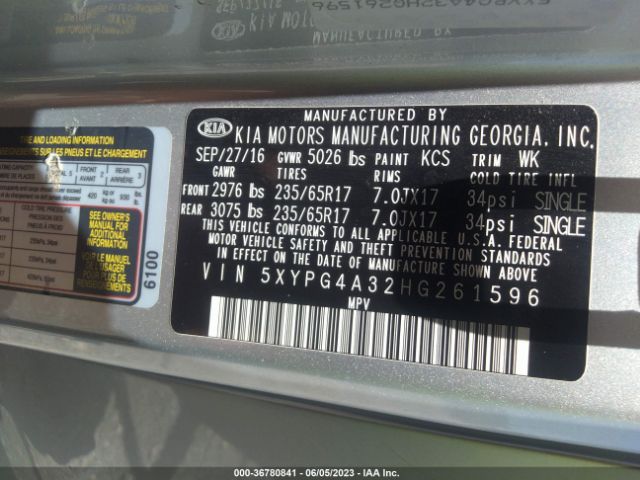 5XYPG4A32HG261596 KIA SORENTO LX
