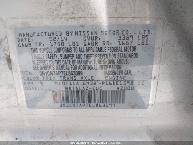 3N1CN7AP7EL863099 Nissan Versa S Plus