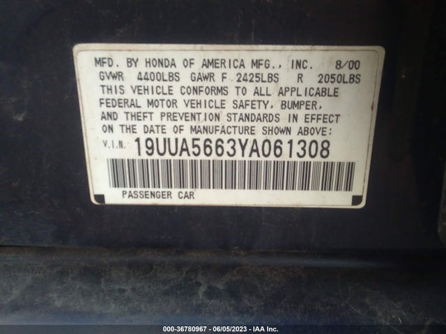 2000 ACURA TL VIN: 19UUA5663YA061308