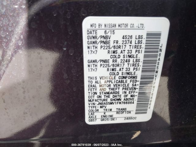 JN8AS5MV1FW766864 Nissan Rogue Select S