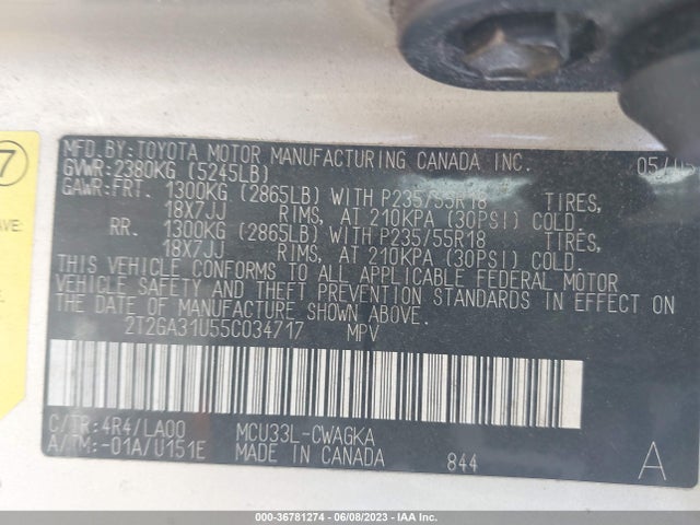 2005 LEXUS RX 330 VIN: 2T2GA31U55C034717