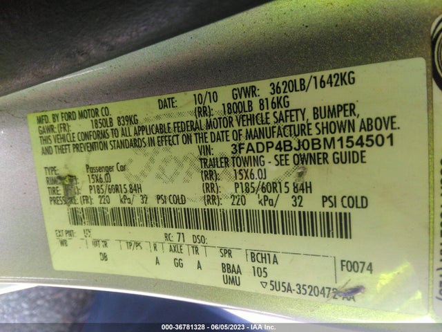 2011 FORD FIESTA SE VIN: 3FADP4BJ0BM154501