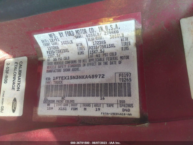1992 FORD F150 VIN: 1FTEX15N3NKA48972