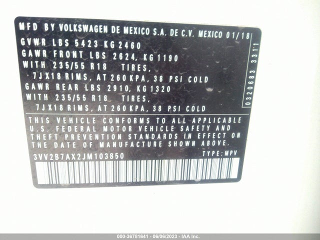 3VV2B7AX2JM103850 Volkswagen Tiguan Sel/se